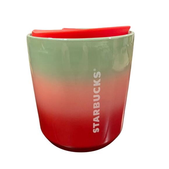 Starbucks 8oz Ceramic Red Green Pink‎ Watermelon Pearl Ombre travel mug with lid - Picture 1 of 6